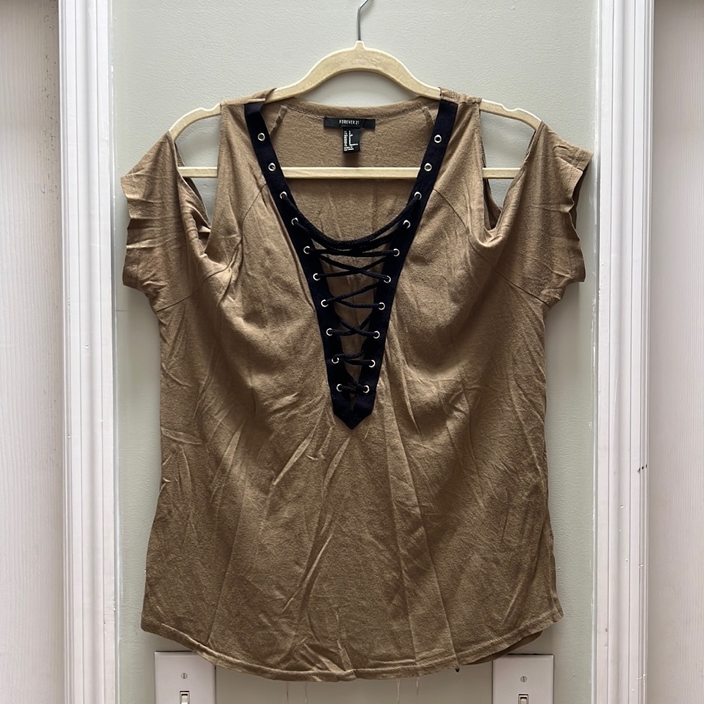 Olive Off-The-Shoulder Grunge T Shirt